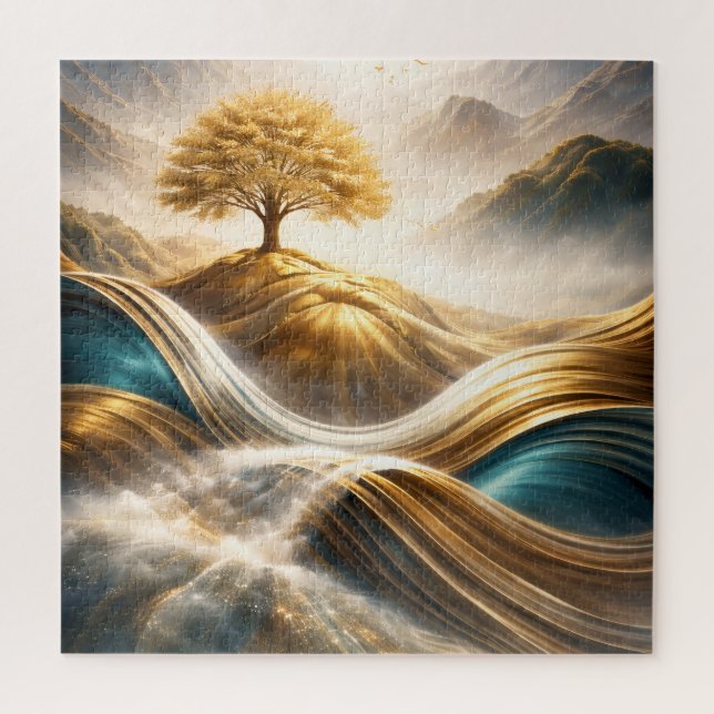Puzzle Horizon Doré : Arbre de Sérénité - Œuvre Murale (Vertical)