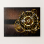 Puzzle Horloge Steampunk avec des engrenages anciens<br><div class="desc">Montres anciennes et fantastiques avec des engrenages dorés et laiton sur un arrière - plan brun et rouillé. Style Steampunk.</div>