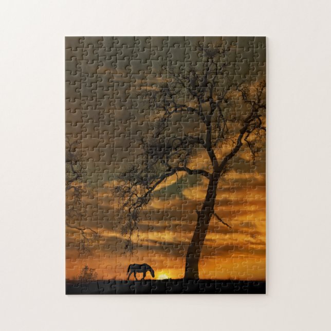 Puzzle Horse and Giant Oak Tree in Sunset With Clouds (Vertical)