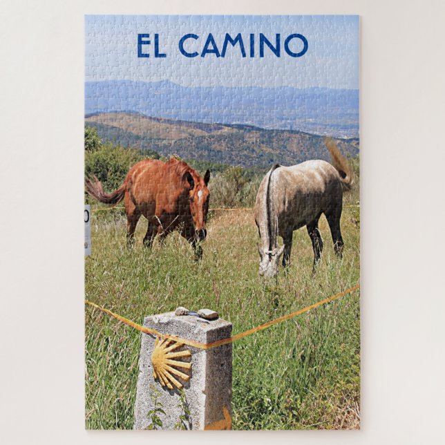 Puzzle Horses and shell marker post, El Camino, Spain (Vertical)