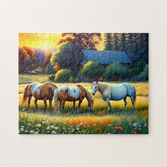Puzzle Horses on Farm Wildflower Meadow (Horizontal)