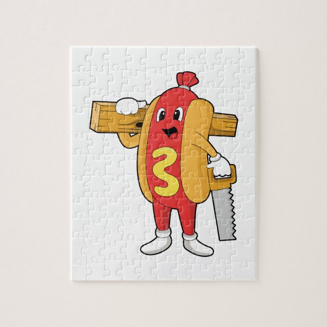 Puzzle Hotdog as Carpenter with Saw & Wood (Vertical)
