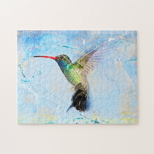 Puzzle Hummingbird watercolor blue green pretty (Horizontal)