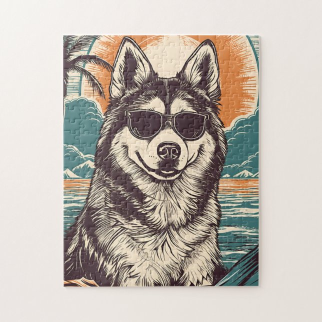 Puzzle Husky avec lunettes de soleil à la plage (Vertical)