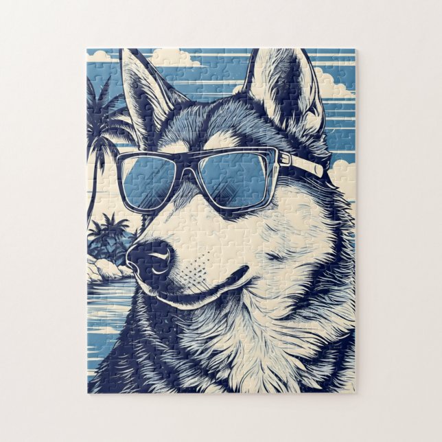 Puzzle Husky avec lunettes de soleil à la plage (Vertical)