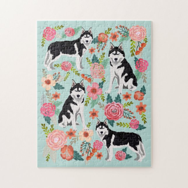 Puzzle Husky Chien Vintage Florals (Vertical)