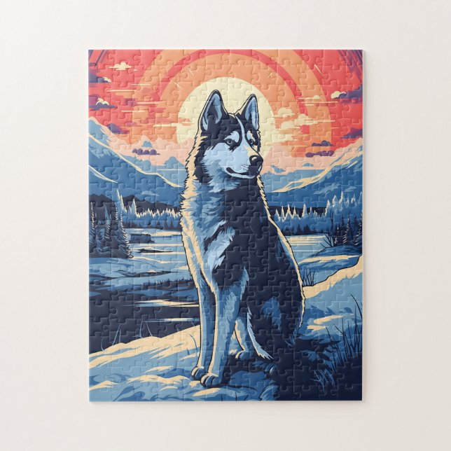 Puzzle Husky dans la forêt d'hiver au coucher du soleil (Vertical)