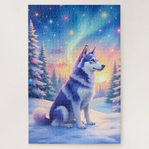 Puzzle Husky sibérien Aurores boréales Noël Hiver