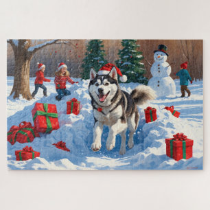 Puzzle Husky sibérien courant dans la neige avec un chape