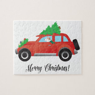 Puzzle Husky Sibérien Rouge dans la voiture de Noël