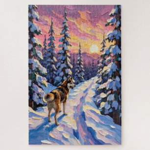 Puzzle Husky vintage sur le sentier forestier enneigé de