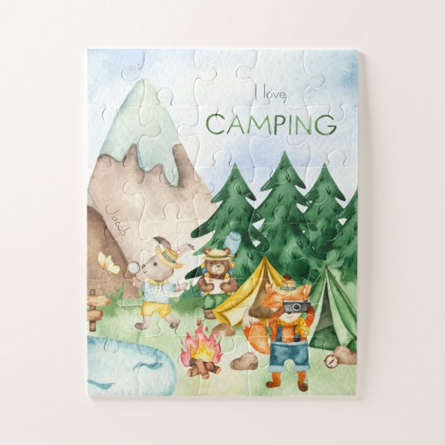 Puzzle I Love Camping Bois Animaux Enfants Aquarelle (Vertical)