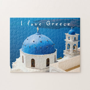 Puzzle I love Greece Church Santorini bleu photo et texte