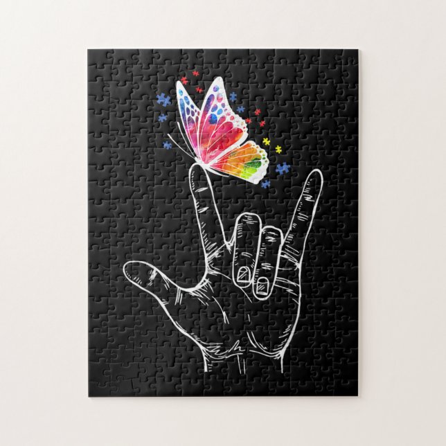 Puzzle I Love You Hand Sign Language Butterfly Autism (Vertical)