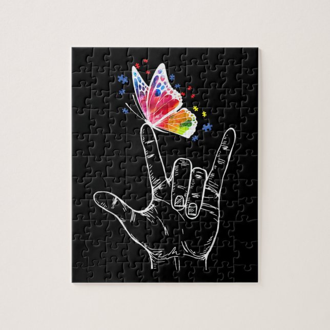 Puzzle I Love You Hand Sign Language Butterfly Autism (Vertical)