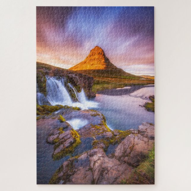 Puzzle Iceland sunset, beautiful landscape with waterfall (Vertical)