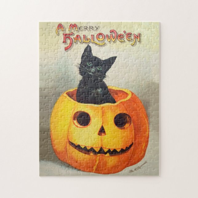 Puzzle Illustration antique Ephemera Chat noir Halloween (Vertical)