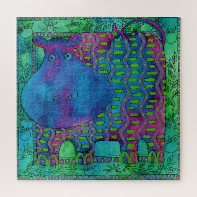Puzzle Illustration aquarelle d'hippopotame à motifs (Horizontal)