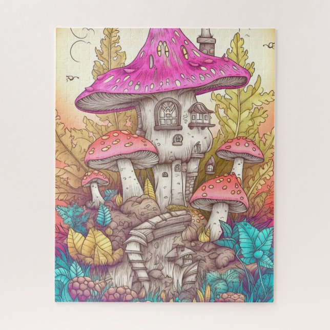 Puzzle Illustration d'art de village champignon rétro (Vertical)