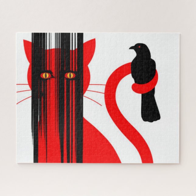Puzzle Illustration de chat rouge et d'oiseau noir (Horizontal)