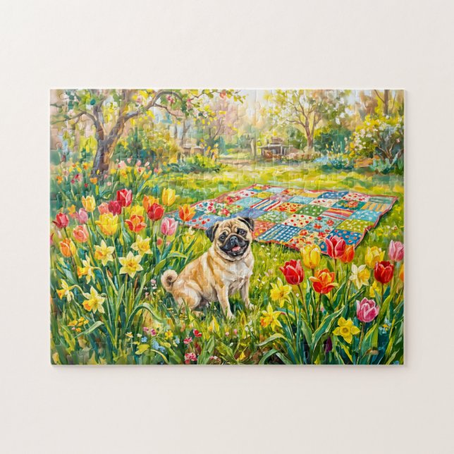 Puzzle Illustration de chien Mops de jardin printanier fa (Horizontal)