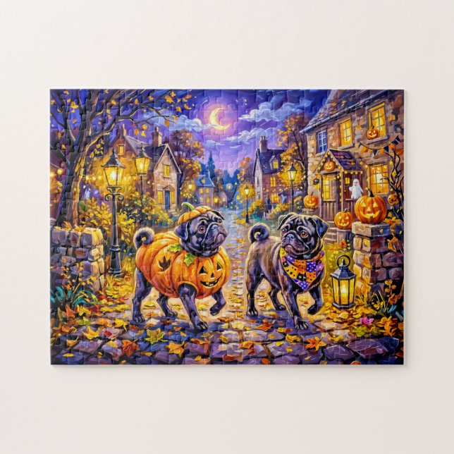 Puzzle Illustration de chien Mops en costume de Halloween (Horizontal)