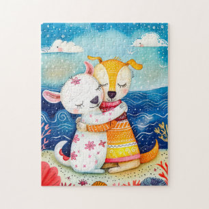 Puzzle Illustration de deux chiens jouant à la plage