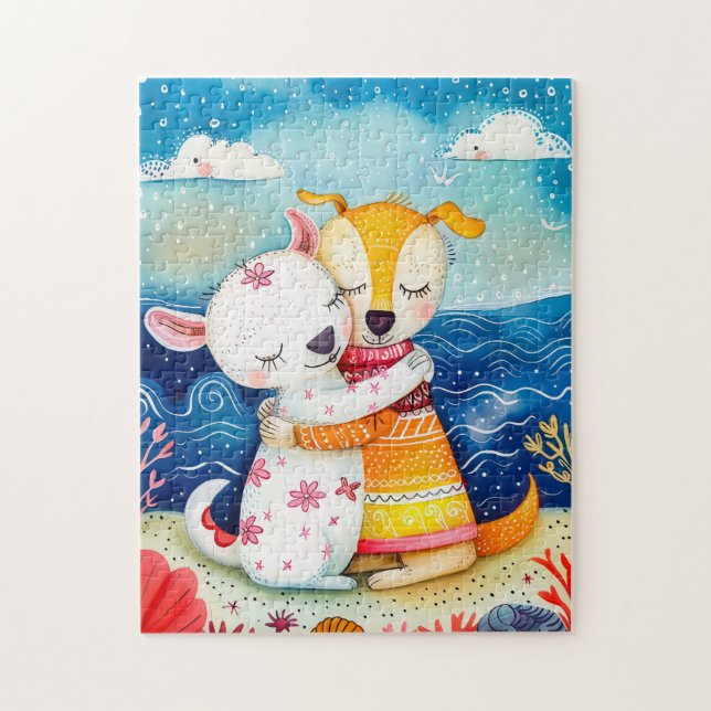 Puzzle Illustration de deux chiens jouant à la plage (Vertical)