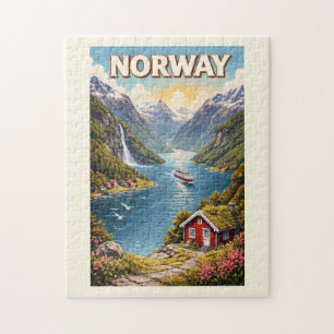 Puzzle Illustration de fjord norvégien Art de voyage vint