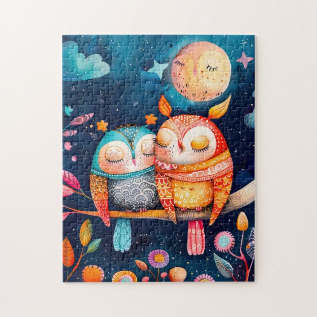 Puzzle Illustration de hiboux s'étreignant dans la forêt  (Vertical)