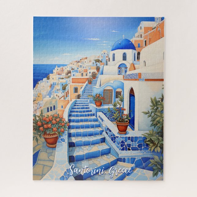 Puzzle Illustration de l'île de Santorin | Art du voyage (Vertical)