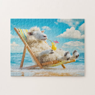 Puzzle Illustration de mouton sur chaise longue avec cock
