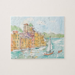 Puzzle Illustration de port de Porofino avec le voilier
