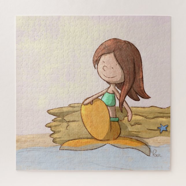 Puzzle Illustration de sirène sur la plage au coucher du  (Vertical)