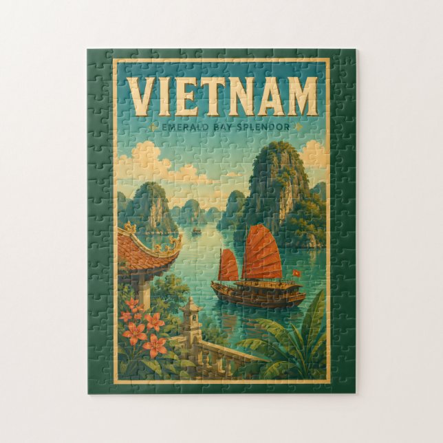 Puzzle Illustration de voyage rétro de la baie d'Ha Long  (Vertical)