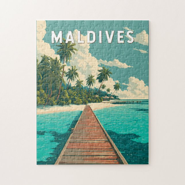 Puzzle Illustration de voyage vintage aux Maldives (Vertical)
