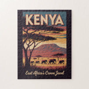 Puzzle Illustration d'éléphants kenyans Art de voyage vin