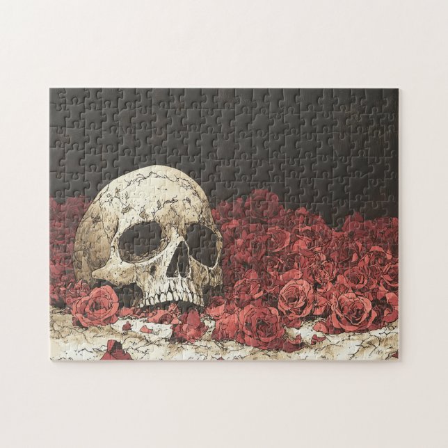 Puzzle Illustration du crâne et des roses rouges (Horizontal)