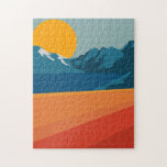 Puzzle Illustration du paysage de la montagne Retro Orang<br><div class="desc">Ce puzzle élégant présente une illustration colorée et audacieuse d'un paysage de montagne rétro en rouge,  orange et bleu.</div>