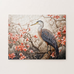 Puzzle Illustration d'un héron dans un étang au feuillage