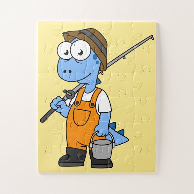 Puzzle Illustration D'Un Pêcheur D'Allosaurus. (Vertical)