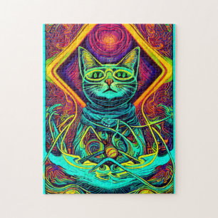 Puzzle Illustration hypnotique d'un chat coloré