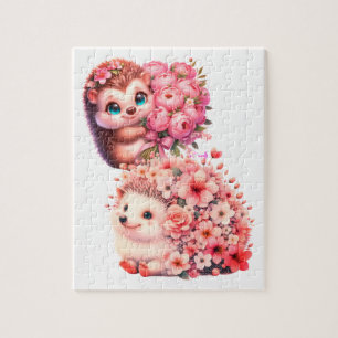 Puzzle Illustration mignonne d'un duo de hérissons florau
