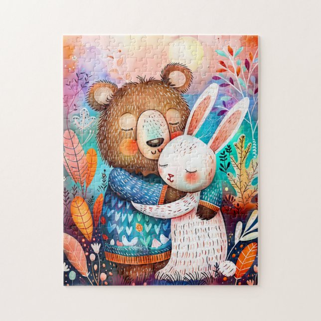 Puzzle Illustration of bear hugging rabbit in forest. (Vertical)