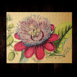 Puzzle Illustration Passionflower Vintage Red Gold