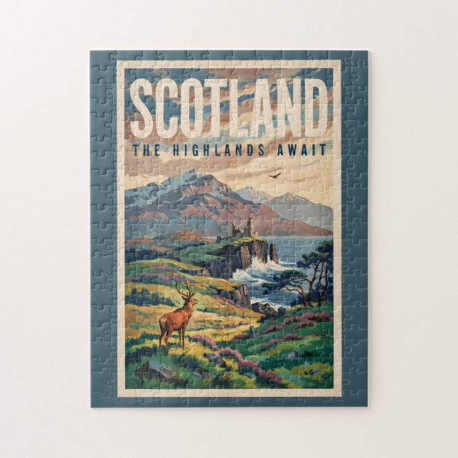 Puzzle Illustration Rétro de Cerf des Highlands Écossais (Vertical)