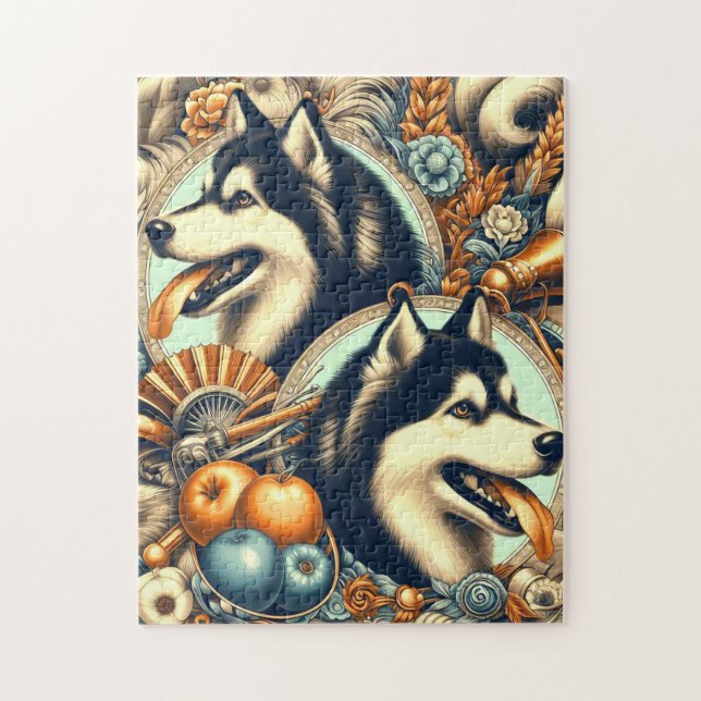 Puzzle Illustration Retro Siberian Husky (Vertical)