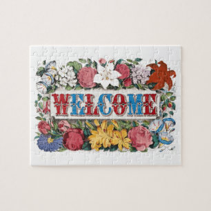 Puzzle Illustration vintage BIENVENUE avec des fleurs