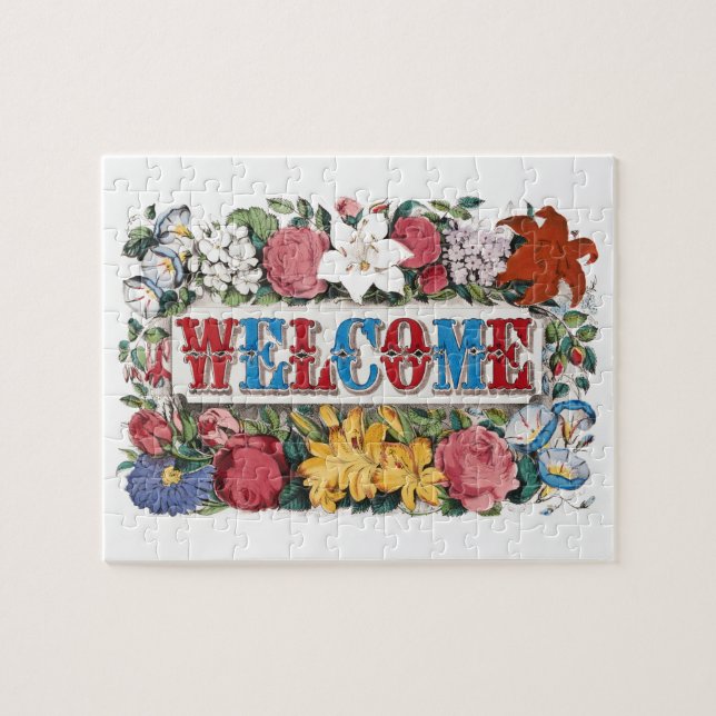 Puzzle Illustration vintage BIENVENUE avec Fleurs (Horizontal)