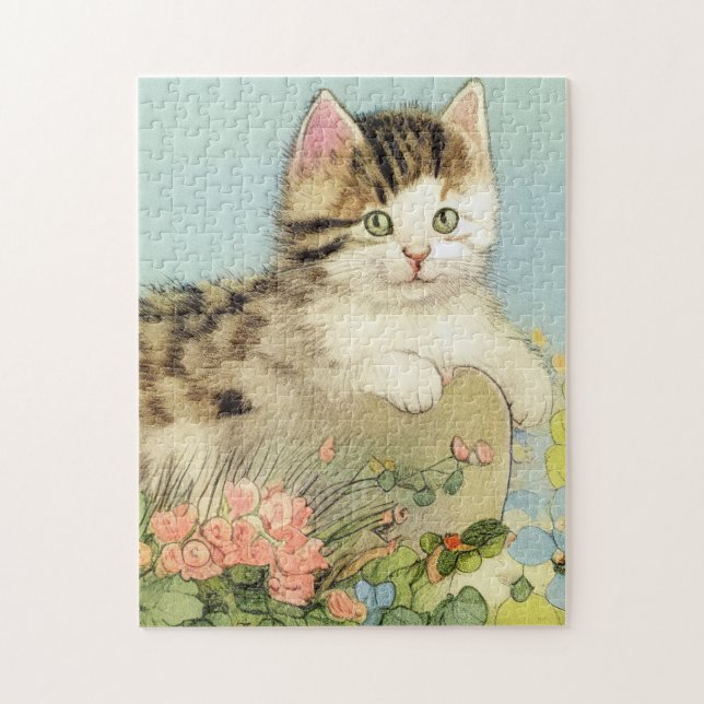 Puzzle Illustration vintage de chat avec fleurs roses (Vertical)